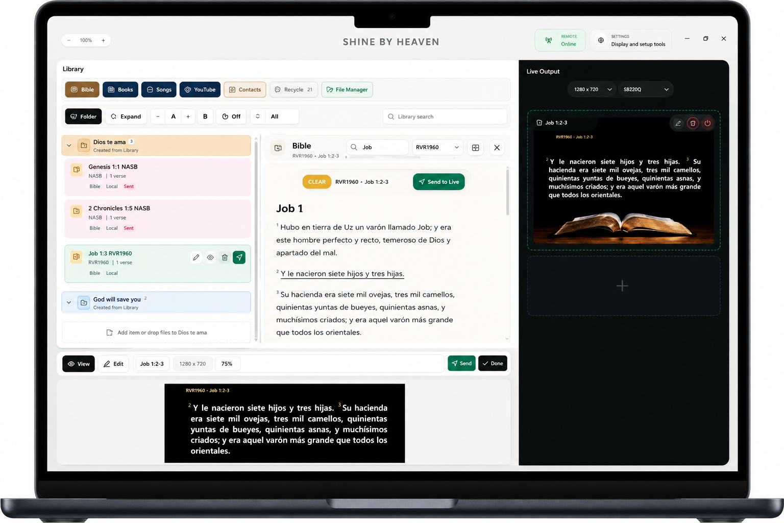 SHINE Bible workspace and live output