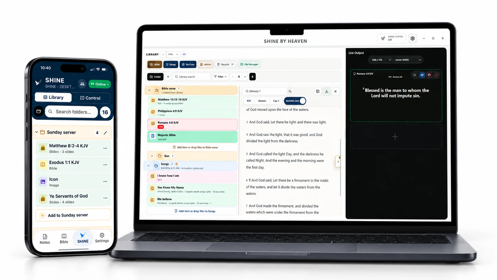 SHINE by Heaven en la computadora con Library, Biblia y Live Output, junto a la Mobile App mostrando el mismo folder del servicio