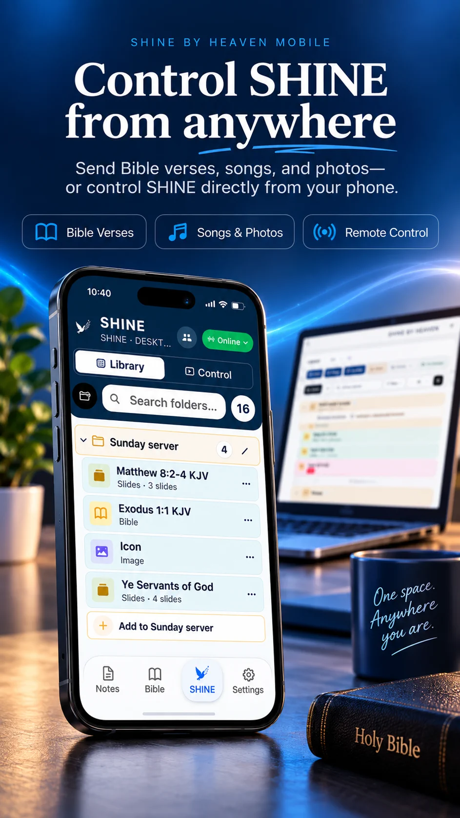 SHINE by Heaven Mobile App conectada a la computadora para controlar la presentación
